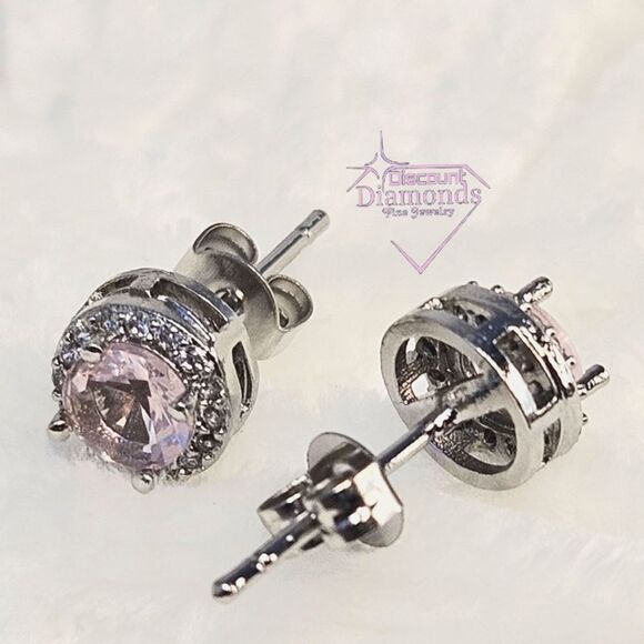 Dainty Round Pink Sapphire & Clear White Baguette Diamond Earrings on … - Picture 1 of 9